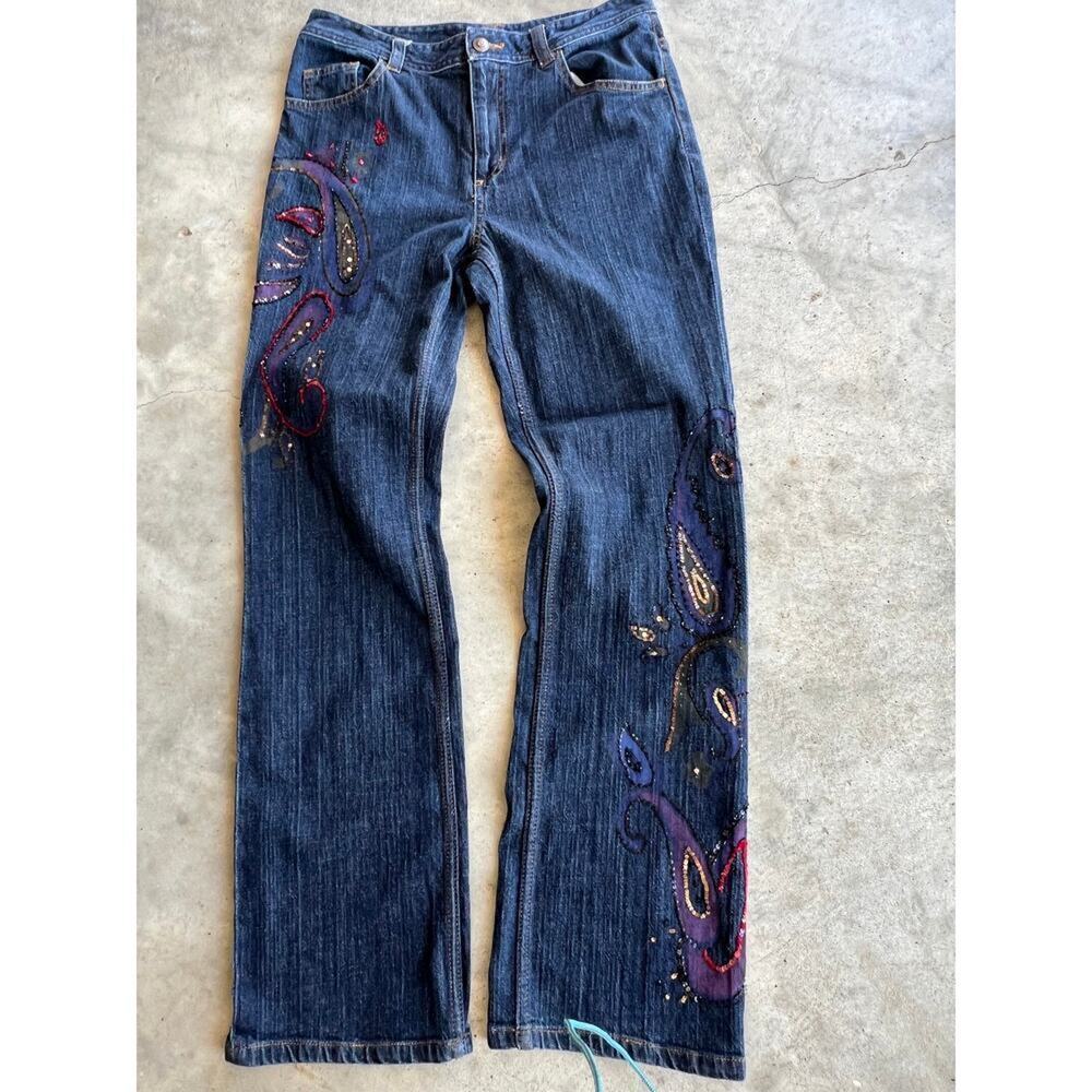 Chico's 1  (S-8) woman's denim jeans with painting and sequin embellishments.